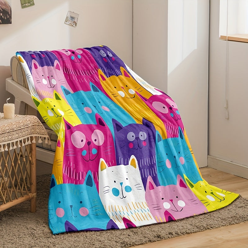 1pc Vibrant Cartoon Cat Print Soft Flannel Throw Blanket - Lightweight, Warm, and Cozy Bedding Cover for Camping, Picnic, Airplane Travel, Sofa, Couch, and Bed - Colorful, Fluffy, and Cute Animal Pattern