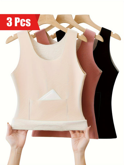 3-Pack Solid Plush Lined Thermal Underwear for Women - Round Neck Slim Fit Tank Top with Pockets for Fall & Winter