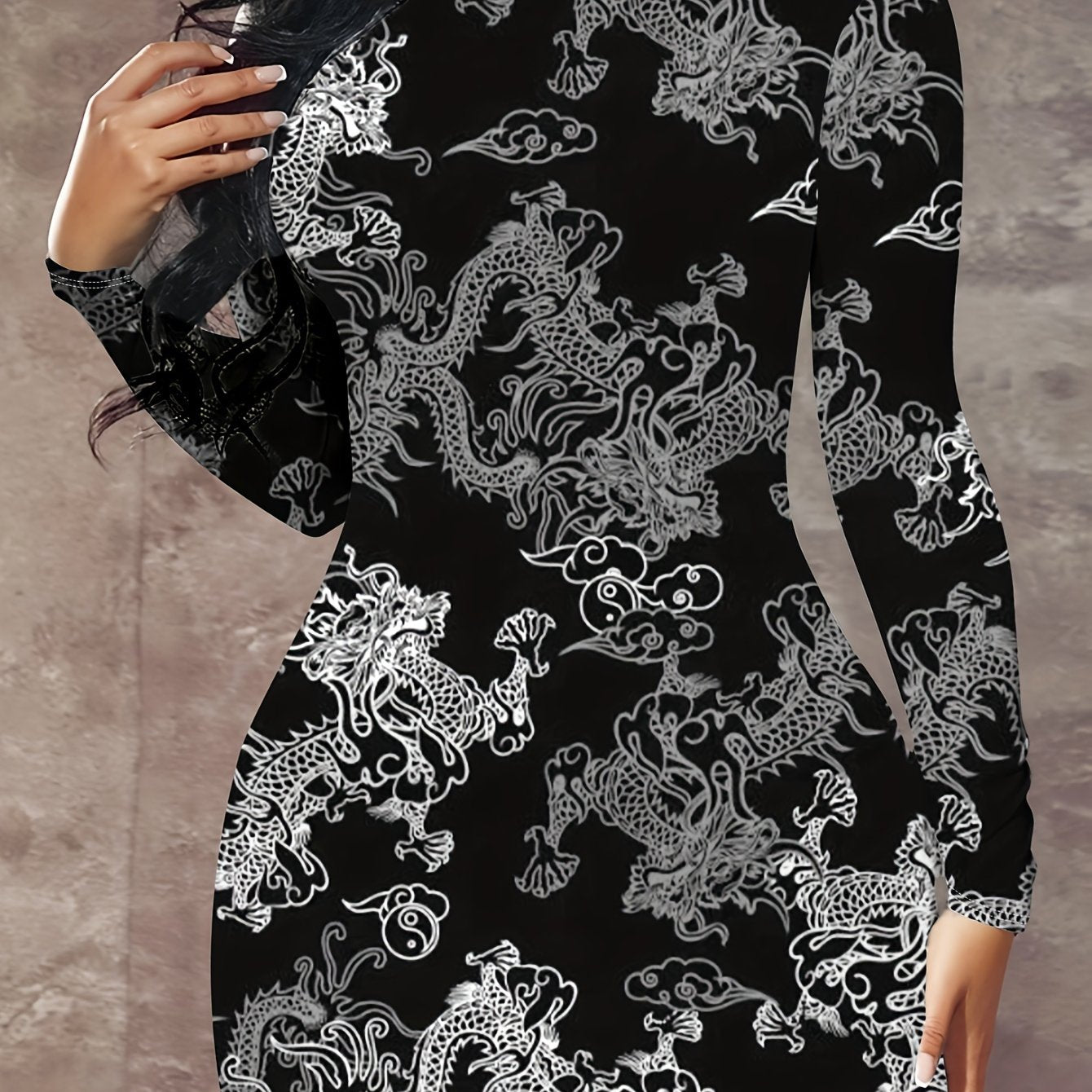 Dragon Print Mock Neck Dress, Elegant Long Sleeve Bodycon Dress For Spring, Women's Clothing