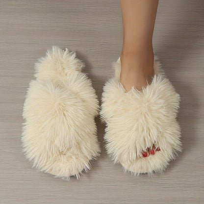 Fashion Plush Slippers, Plush Lined Fluffy Faux Fur Slides, Indoor Comfortable Antislip PVC Sole