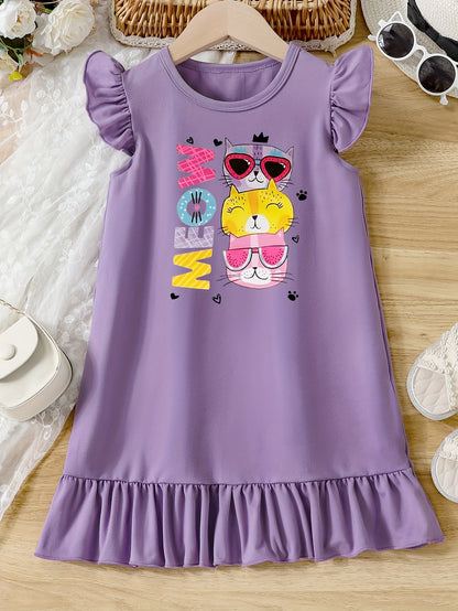 Casual Cartoon Cat Ruffle Trim Crew Neck Dress for Girls - Vibrant Graphic Print, Flying Sleeve, Trendy Summer Outfit - Fun and Playful Design for Little Fashionistas