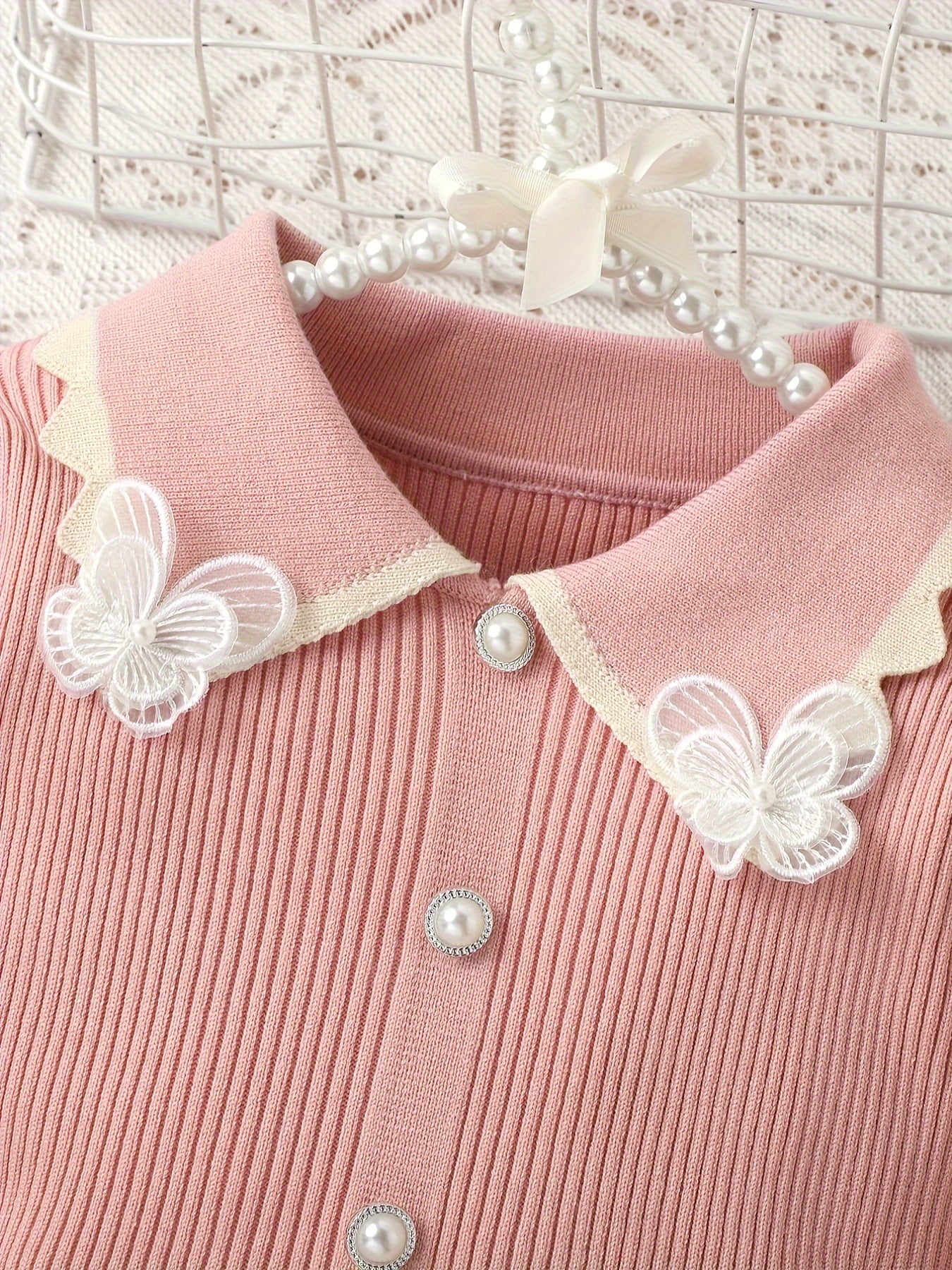 Stretchy & Comfy Long Sleeve Collar Butterfly Decor Preppy Style Dress for Girls Kids