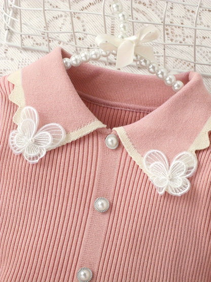 Stretchy & Comfy Long Sleeve Collar Butterfly Decor Preppy Style Dress for Girls Kids