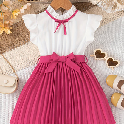 Fashionable Girls Bow Strapped Dress with Ruffle Trim - Adorable Splicing Design for Comfortable Summer Holidays & Parties - A Perfect Gift Idea