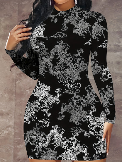 Dragon Print Mock Neck Dress, Elegant Long Sleeve Bodycon Dress For Spring, Women's Clothing