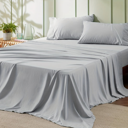 4pcs Luxury Bed Sheet, Microfiber Sheet Set - 14" Deep Pocket, Exquisite Pinch Pleat, Double-Brushed, Shrink-Resistant, Fade-Resistant, Skin-Friendly Bedding Set With Pillowcase, Flat Sheet, And Fitted Sheet, Dorm Bedding For College