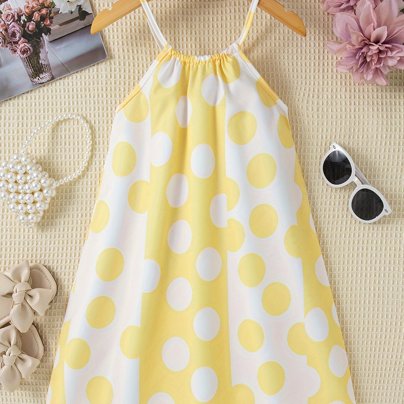 Girls Charming Polka Dot Summer Dress - Chic Thin Straps, Sleeveless, Vibrant Print, Regular Fit, Knee-Length - Ideal for Stylish Casual Outings