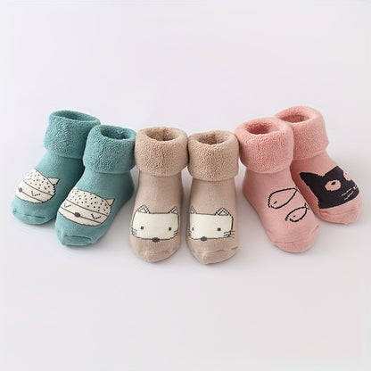 3pairs Baby Boys Girls Kids Thickened Terry Cute Animal Warm Socks For Autumn Winter, Newborn Baby Infant Children's Floor Socks