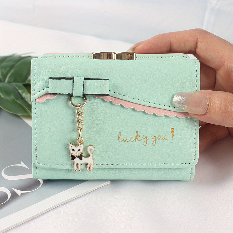 Kawaii Bowknot Decor Short Wallet, Trendy Clutch Coin Purse With Cat Pendant Decor