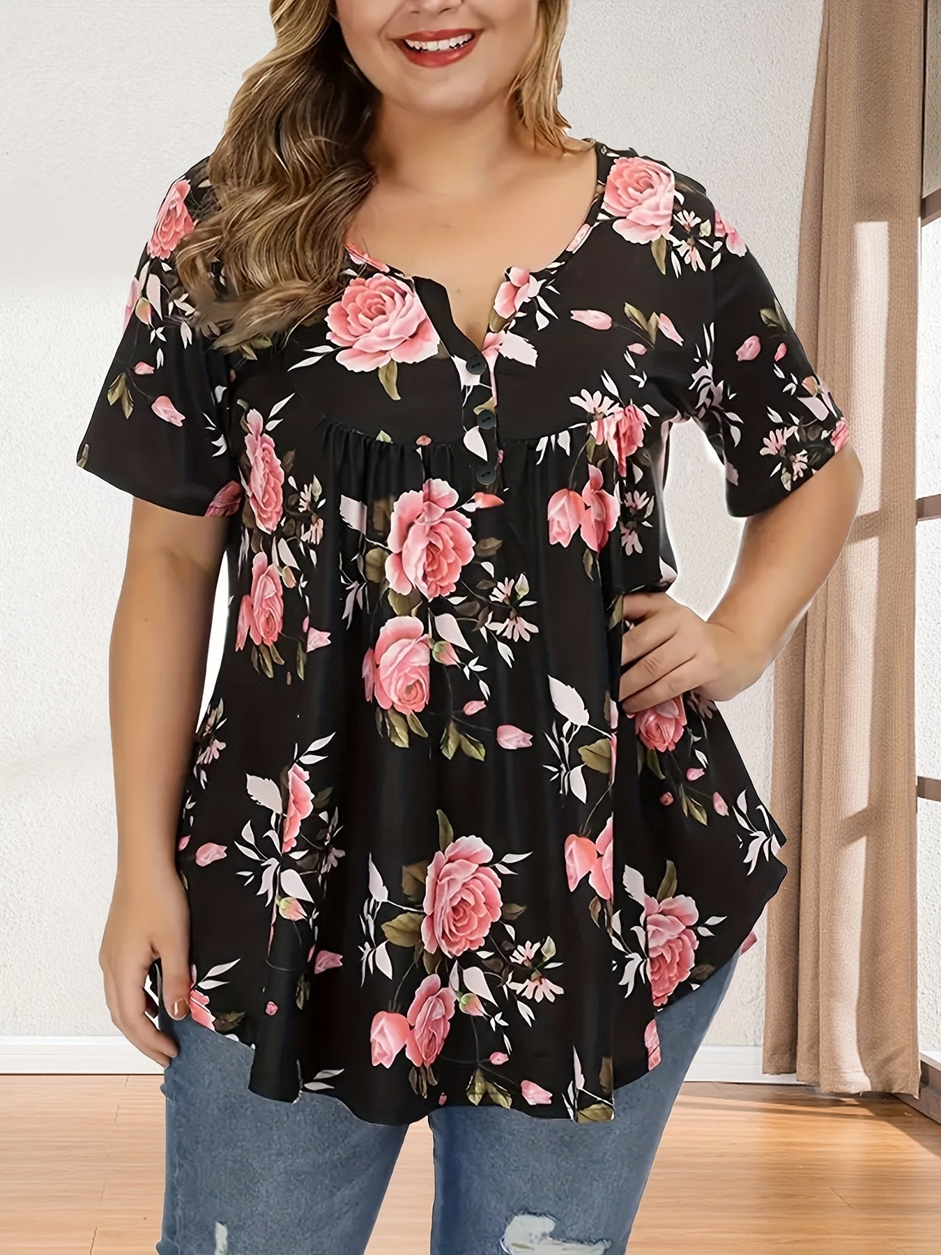 Plus Size Womens Floral Print Polo Collar Short Sleeve Casual Blouse - Button Front, Non-Stretch Polyester, Round Neck, Random Print, Summer Top - Easy Wear, Relaxed Fit, Classic Style