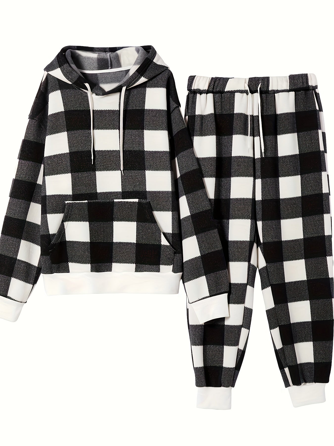 Men's Simple Style Casual Checkered Pajamas Sets, Checkered Hooded Sweatshirt With Kangaroo Pocket Top & Loose Sweatpants Trendy Trousers With Pockets Elastic, Outdoor Sets For Spring Autumn