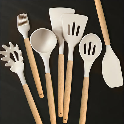 7-Piece Premium Non-Stick Silicone Cooking Utensils Set - Heat Resistant Cookware Essentials for Chefs - Wooden Handles, Whisk, Spoon, Spatula, and More for Easy Food Preparation and Baking