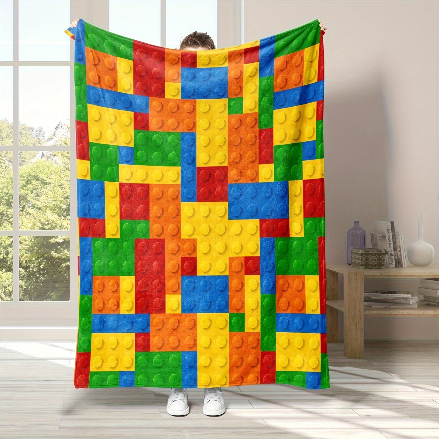 1pc Cozy Building Blocks Flannel Blanket - Soft, Warm, and Vibrant Print for Ultimate Comfort - Perfect for Couch, Sofa, Office, Bed, Camping, and Traveling