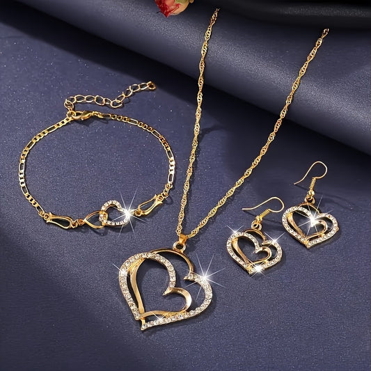 1 Pair of Chic Heart-Shaped Earrings + 1 Necklace + 1 Bracelet Jewelry Set - Sparkling Golden or Silvery Finish - Ideal Gift for Her, Perfect for Any Occasion, Durable and Long-Lasting, Easy to Wear and Match with Outfits