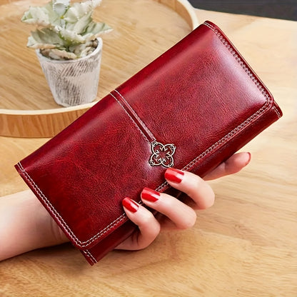 Women's Long Retro Zipper Bi-fold PU Clutch Wallet | Fashionable Cell Phone Holder With Multiple Card Slots | Foldable Multi Card Slots Coin Purse