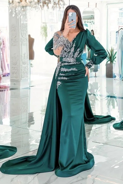 Beautiful Dark Green Mermaid Evening Dresses Vintage Sheer Long Sleeve Pleats Ruffles Satin Long Formal Party Dresses Prom Dresses with Appliques Beads