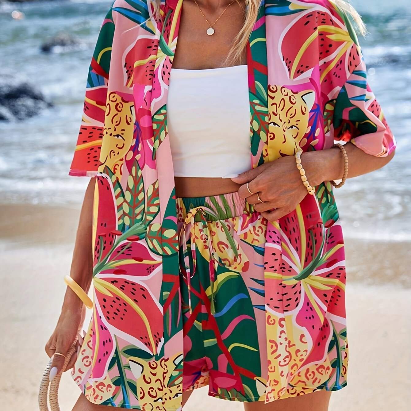 Vacation Style Tropical Print Shorts Set, Open Front Short Sleeve Cover Up & Drawstring Loose Shorts, Women's Clothing