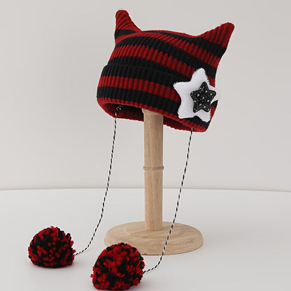 Adorable Whimsical Crochet Cat Beanie Hat with Ears - Soft, Warm, Trendy Pom Pom Decor, Elastic Knit, One-Size-Fits-Most, Y2K Inspired, Pom Pom Accents, Cozy Skull Cap for Women - Perfect for Cold Weather, Casual Outings, and Fashion Statements