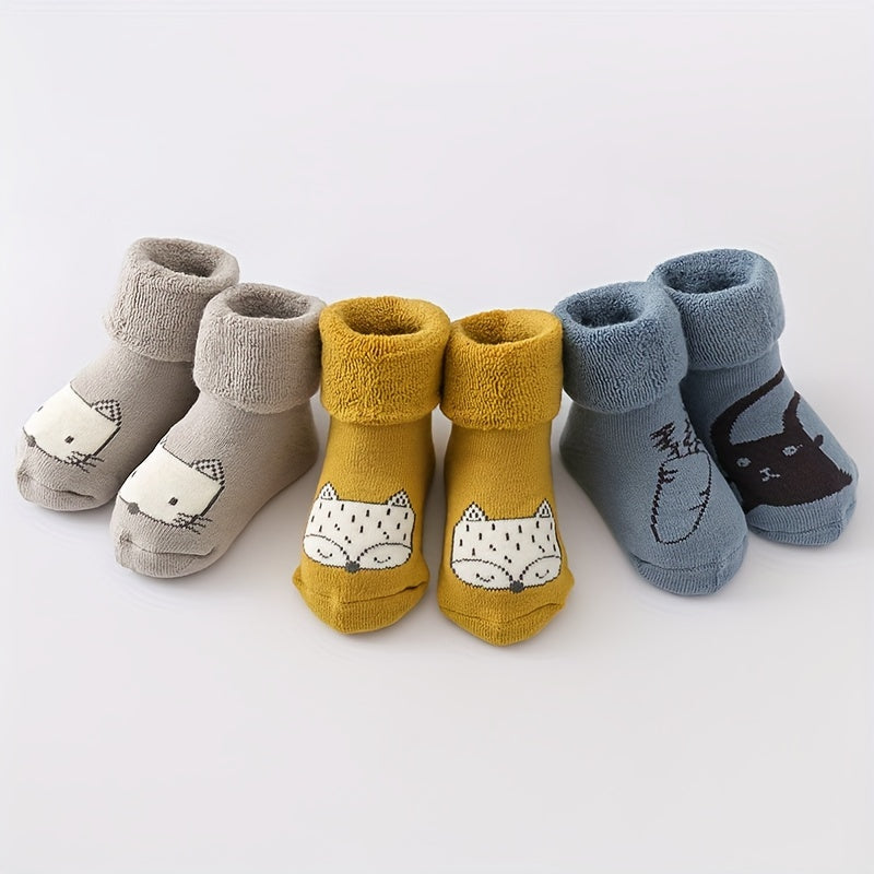 3pairs Baby Boys Girls Kids Thickened Terry Cute Animal Warm Socks For Autumn Winter, Newborn Baby Infant Children's Floor Socks