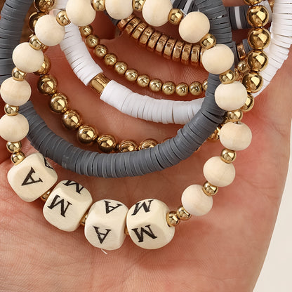 Elegant 7-Piece Women's Summer Beach Stackable Beaded Bracelet Set, Stretchable Polished Beads with 'MAMA' Block Letter Charms, Versatile Daily Wear, Ideal Mother's Day or Birthday Gift for Mom