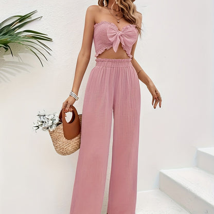 Chic Womens Vacation Outfit Set - Luxurious Textured Pants with Bow Accent & Ruffle Trim Crop Tube Top, Paper Bag Waist Straight Leg Pants - A Trendy Wardrobe Essential for Style-Savvy Ladies