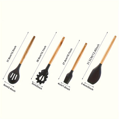 7-Piece Premium Non-Stick Silicone Cooking Utensils Set - Heat Resistant Cookware Essentials for Chefs - Wooden Handles, Whisk, Spoon, Spatula, and More for Easy Food Preparation and Baking