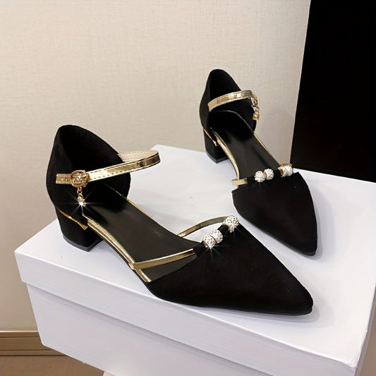 Breathable Crystal-Embellished Block Heels - Pointed Toe with Ankle Strap, Versatile Summer Comfort for Elegant Style