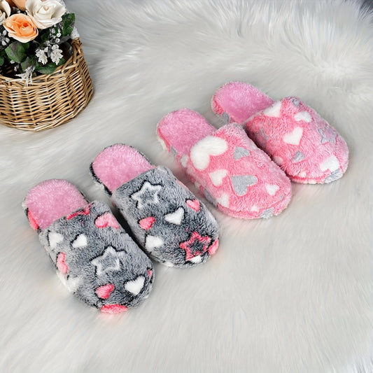 Cozy & Quiet Plush Women's Slippers - Warm, Non-Slip Indoor Shoes with Heart Pattern for Winter Comfort