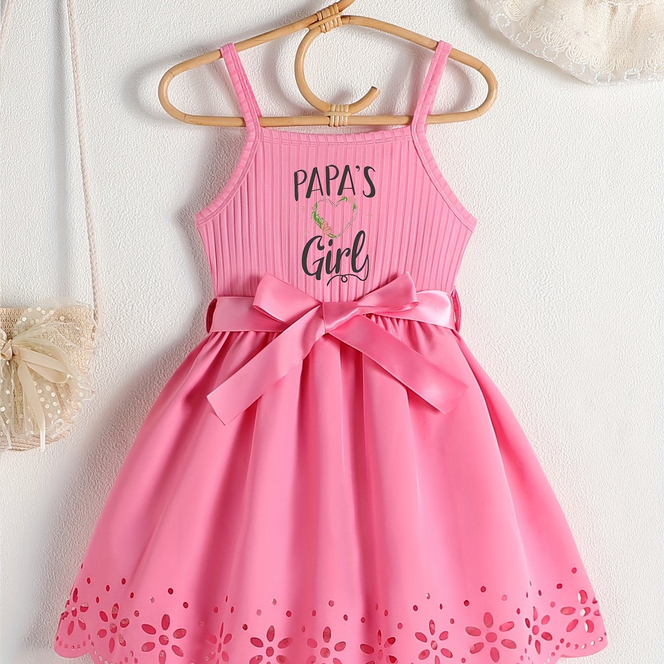 PAPA'S GIRL Print, Girl's Fashion Casual Summer Sleeveless Dress With Bow Belt And Hollow Out Design For Outdoor Wear