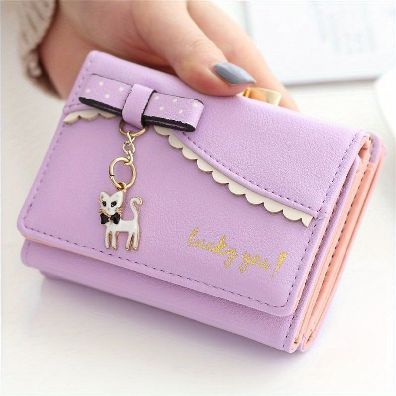 Kawaii Bowknot Decor Short Wallet, Trendy Clutch Coin Purse With Cat Pendant Decor