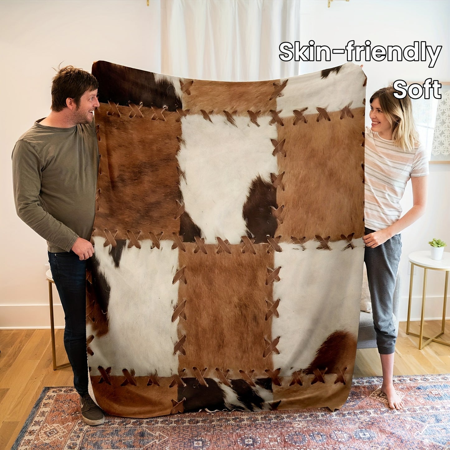 1pc Cozy Flannel Patchwork Faux Animal Fur Blanket Shawl - Soft, Skin-Friendly, Casual, Multi-Purpose, Perfect for Sofa, Lunch Break, Nap, and Outdoor Use - Easy Care, Lightweight, and Versatile Throw Blanket