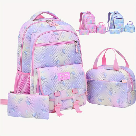 3pcs Whimsical Jellyfish Striped Backpack Set - Adjustable Strap, Zipper Closure, Polyester Lining, Random Printing - Preppy Fantasy Schoolbag with Lunch Box Bag and Pencil Case