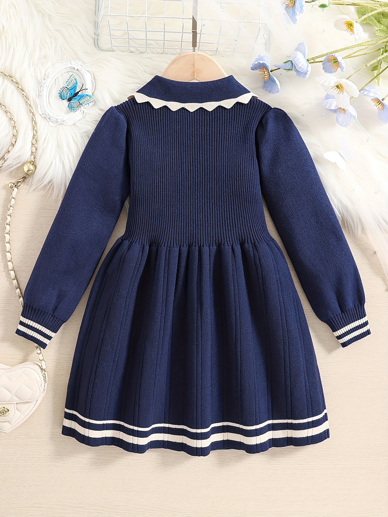 Stretchy & Comfy Long Sleeve Collar Butterfly Decor Preppy Style Dress for Girls Kids