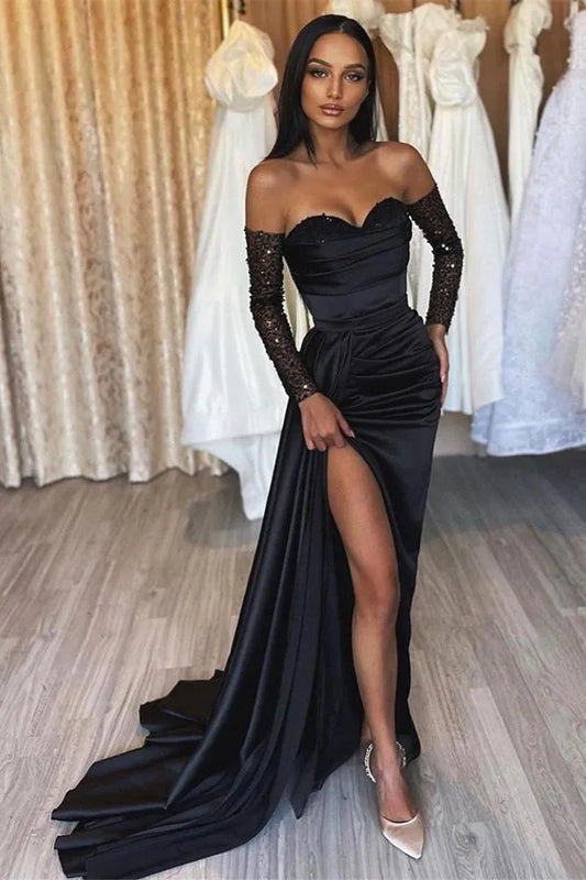 Elgant Black Evening Dresses With Front Split Arabic Women Sexy Sweetheart A Line Backless Prom Dress Black Girls Met Gala Vestidos BC16583