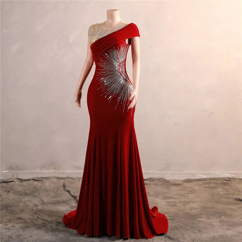 New Arrival Red Formal Evening Dresses  Sheer Cap Sleeve Beadings Sequins Long Party Prom Gowns For New Years Dress BM3508