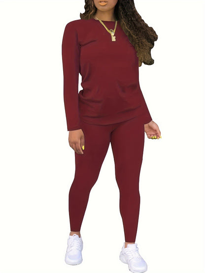 Women's Basic Thermal Underwear Set, Plus Size Solid Long Sleeve Round Neck Base Layer Top & Leggings Thermal Underwear 2 Piece Set