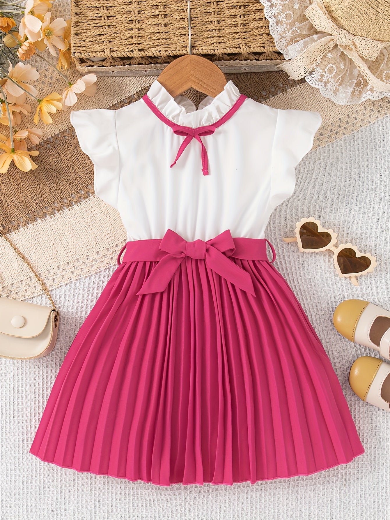 Fashionable Girls Bow Strapped Dress with Ruffle Trim - Adorable Splicing Design for Comfortable Summer Holidays & Parties - A Perfect Gift Idea