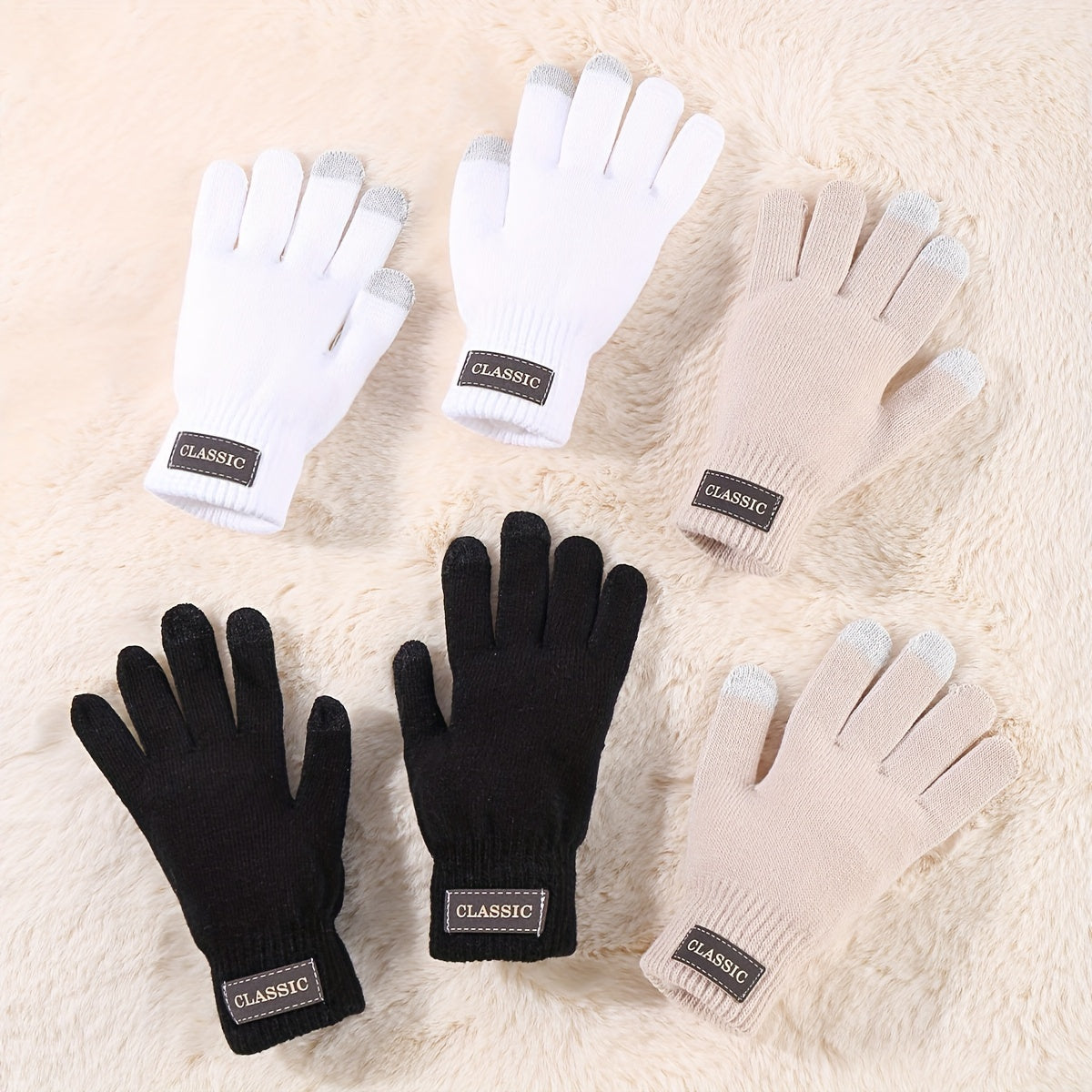 3pairs Simple Monochrome Knit Gloves Set Basic Short Warm Touchscreen Gloves Autumn Winter Unisex Coldproof Elastic Gloves