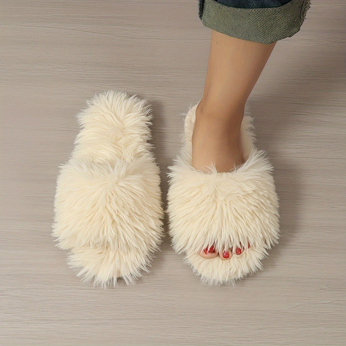 Fashion Plush Slippers, Plush Lined Fluffy Faux Fur Slides, Indoor Comfortable Antislip PVC Sole