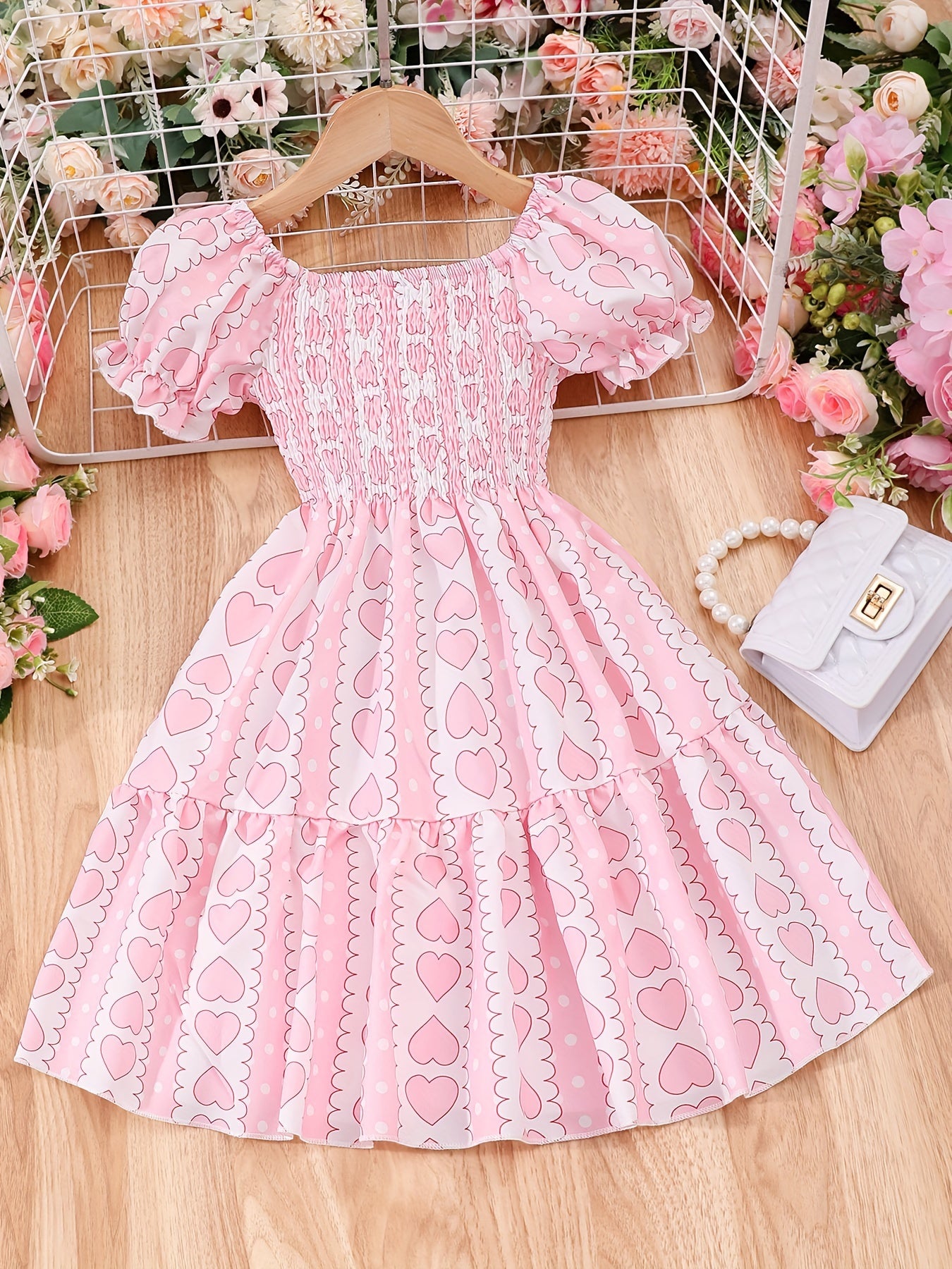 Girls Charming Heart-Print Dress with Smocked Bodice - Adorable Square Neckline, Timeless Elegant Style for Summer Holidays - The Perfect Gift for Little Fashionistas