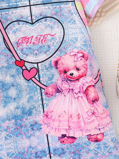 Adorable Bear Princess Print Girls Striped Short Sleeve T-Shirt Dress - Perfect for Summer Holidays & Casual Wear - A Fairy Tale Inspired Fashion for Little Girls