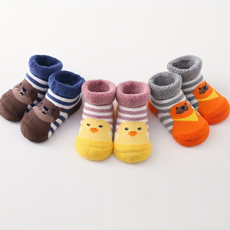 3pairs Baby Boys Girls Kids Thickened Terry Cute Animal Warm Socks For Autumn Winter, Newborn Baby Infant Children's Floor Socks