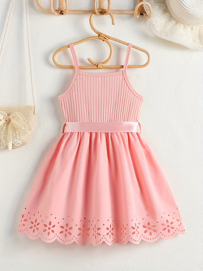 PAPA'S GIRL Print, Girl's Fashion Casual Summer Sleeveless Dress With Bow Belt And Hollow Out Design For Outdoor Wear