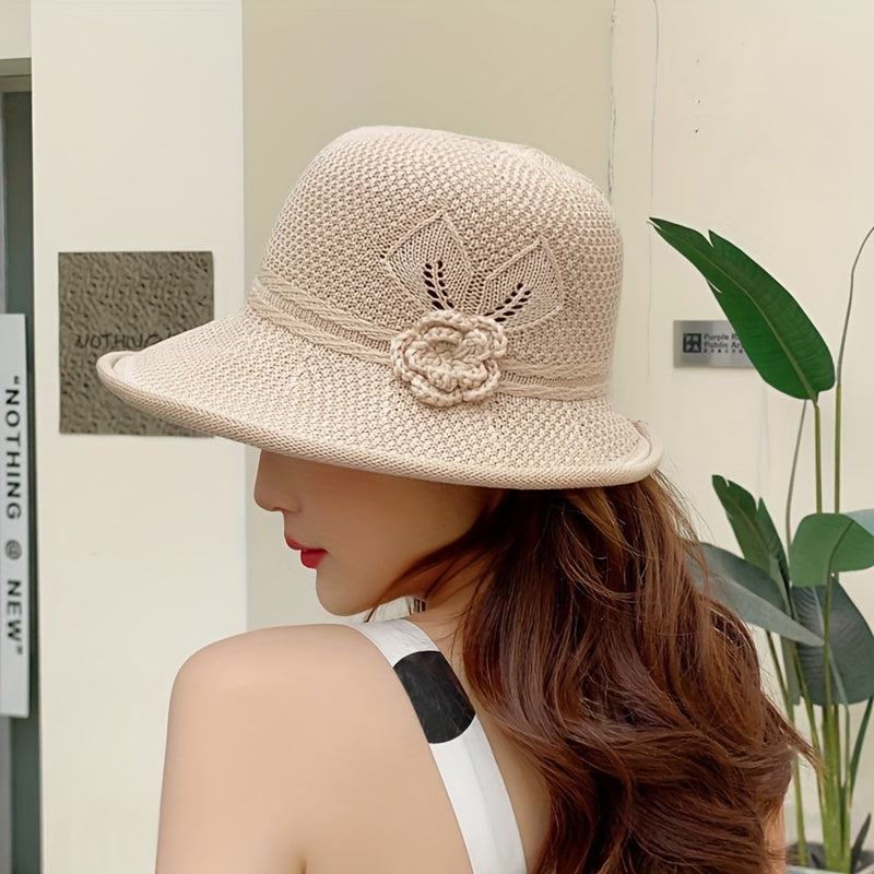 1pc Stylish Breathable Knitted Flower Bucket Hat - Lightweight, Foldable, Portable, Sunshade Outdoor Cap - Perfect Gift for Mom, Ideal for Summer, Beach, Gardening, Hiking, and Outdoor Activities