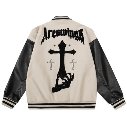 High Street Varsity Jacket Men Cross Embroidered Baseball Jackets Women Spring Autumn Coat Patchwork Outweaer Unisex