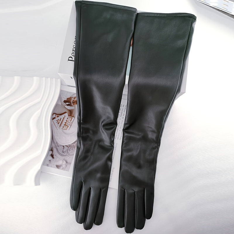 Luxurious Long Touchscreen Gloves - Waterproof, Warm, Simple, Stylish, Split Finger Design for Party, Prom, Dress Up Occasions - PU Leather, Black Color