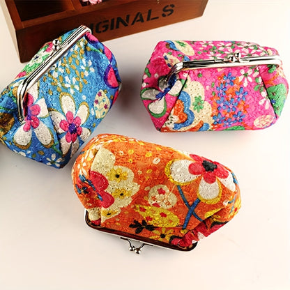 Mini Retro Flower Pattern Clutch Coin Purse, Kiss-Lock Carry On Pouch, Portable Women's Wallet