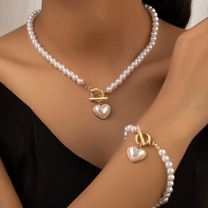 Elegant French-Style Heart Charm Jewelry Set - Chic Necklace & Bracelet, Perfect Gift for Everyday Elegance