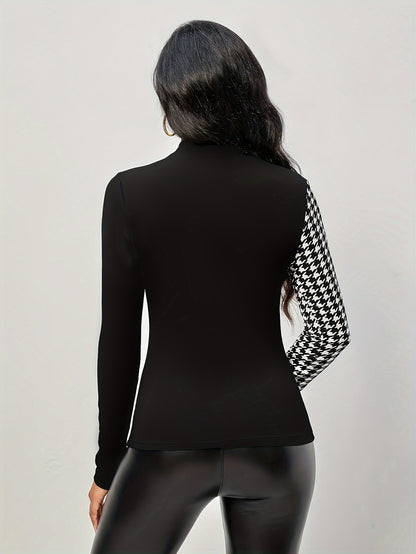 Elegant Houndstooth Mock Neck Blouse: Slim Fit, Long Sleeve Women's Top with Easy Maintenance