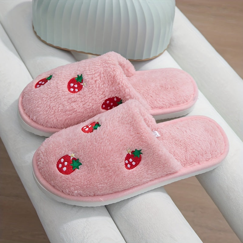 Cozy Strawberry Embroidered Women's Slippers - Soft Sole, Plush Lining For Indoor Comfort, Perfect For Fall & Winter